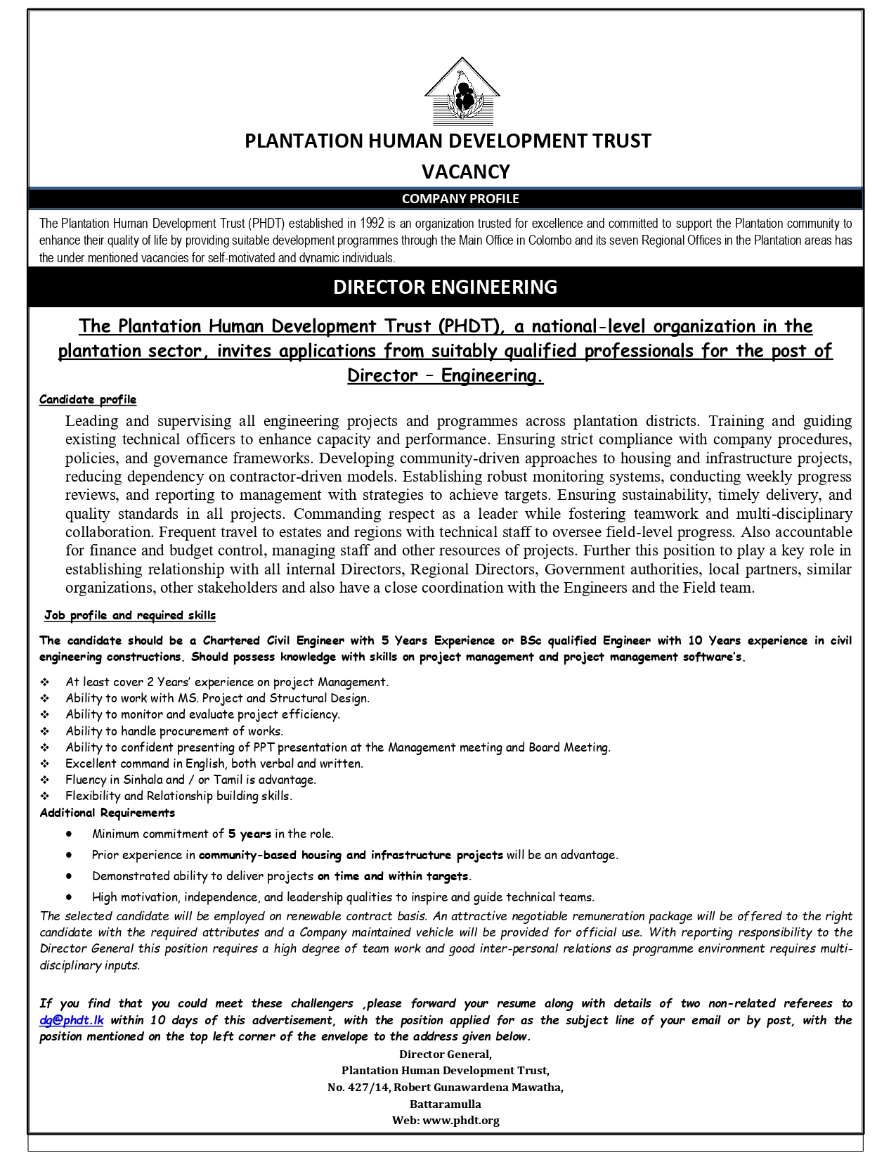 Director Engineering - Plantation Human Development Trust