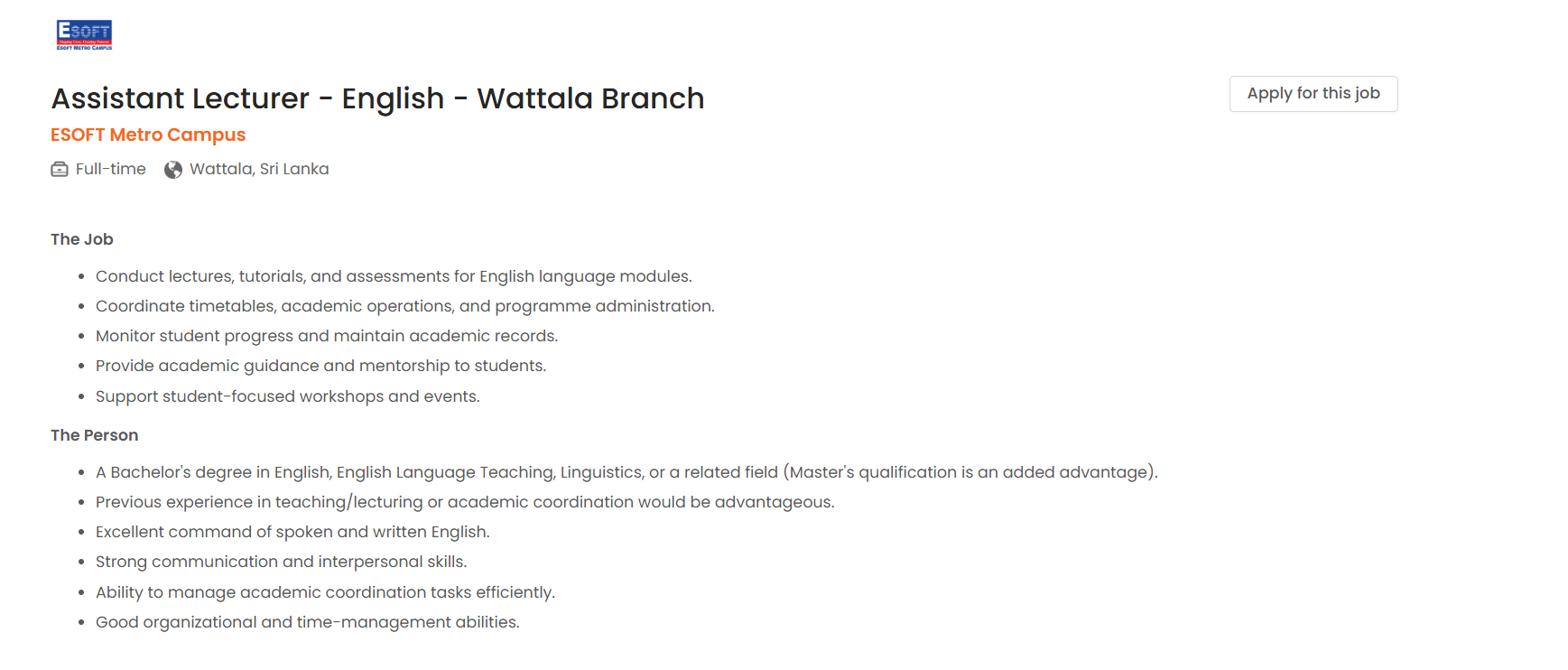 Assistant Lecturer - Esoft Metro Campus