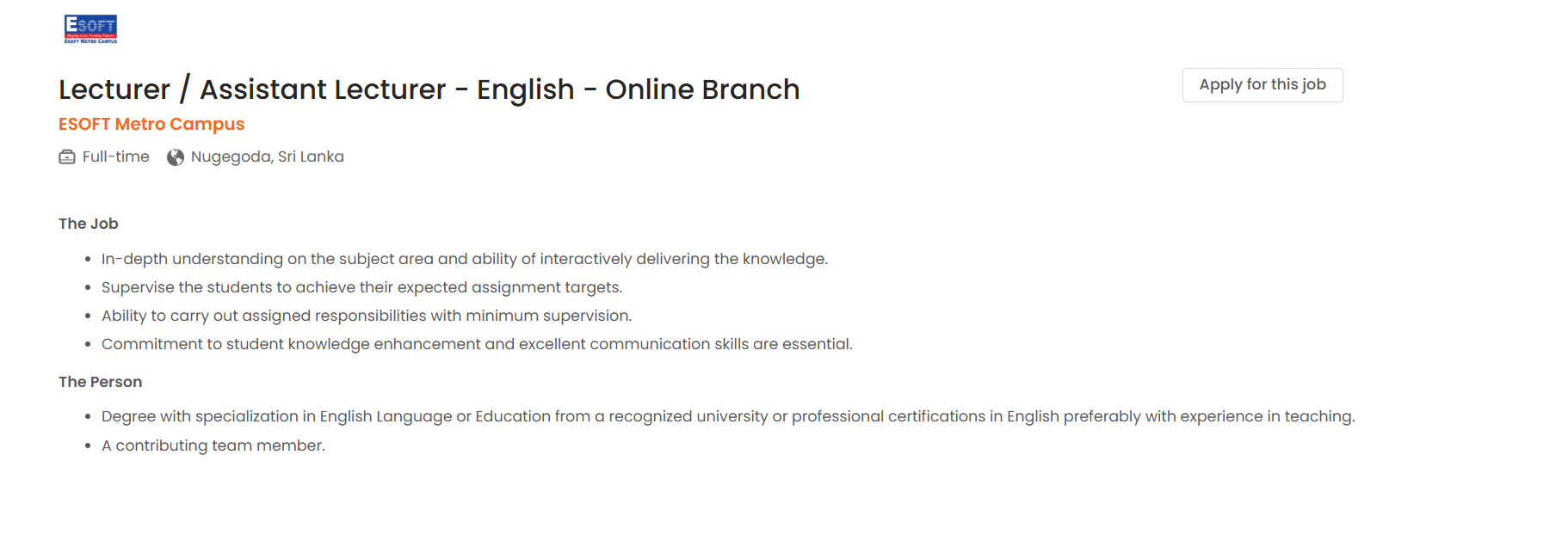 Lecturer, Assistant Lecturer - Esoft Metro Campus