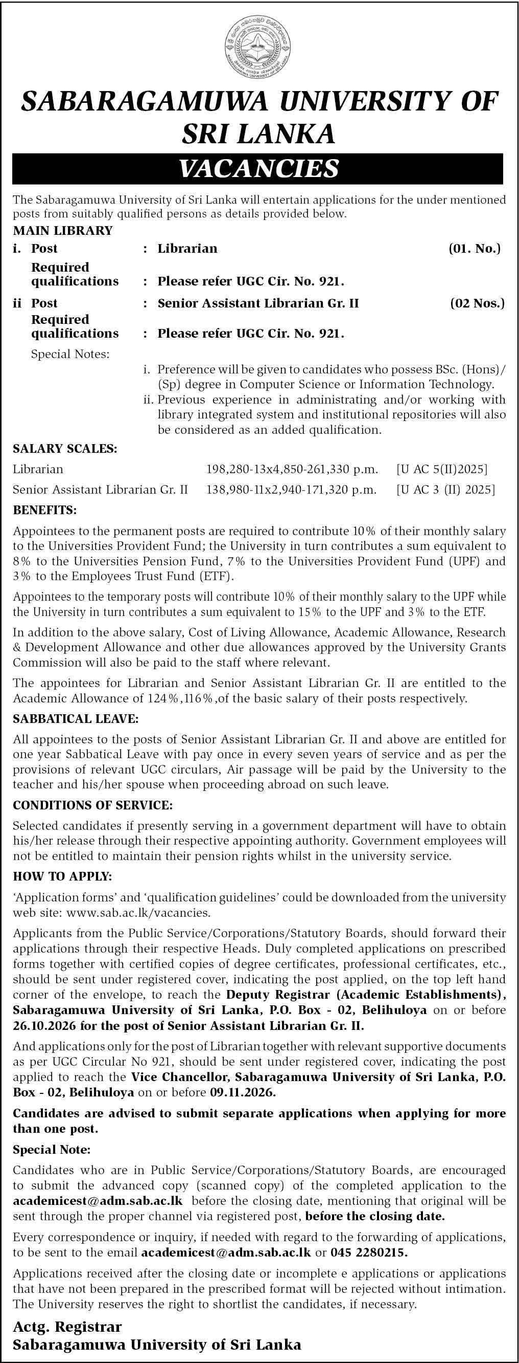 Librarian, Senior Assistant Librarian - Sabaragamuwa University of Sri Lanka