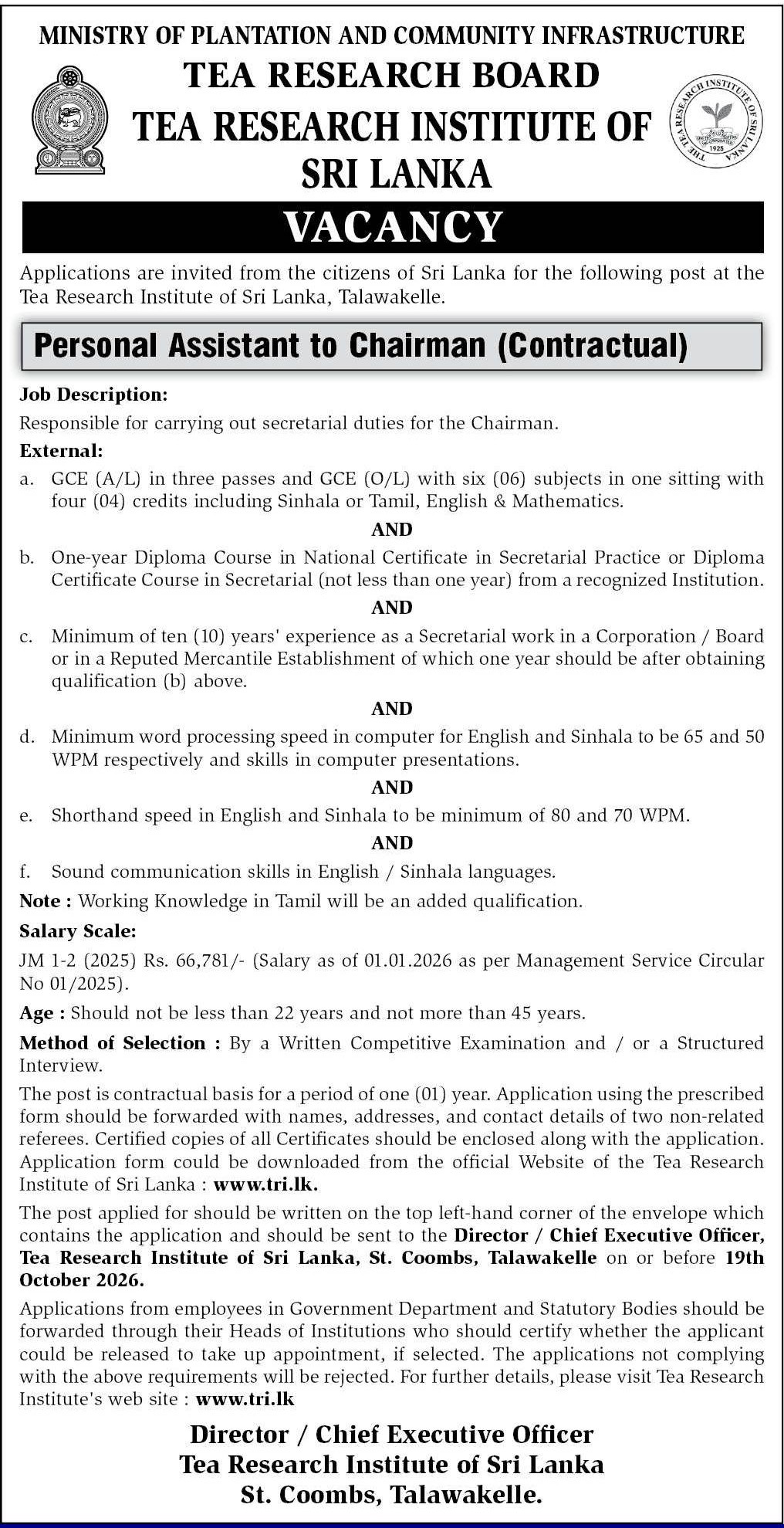 Personal Assistant to Chairman - Tea Research Institute of Sri Lanka
