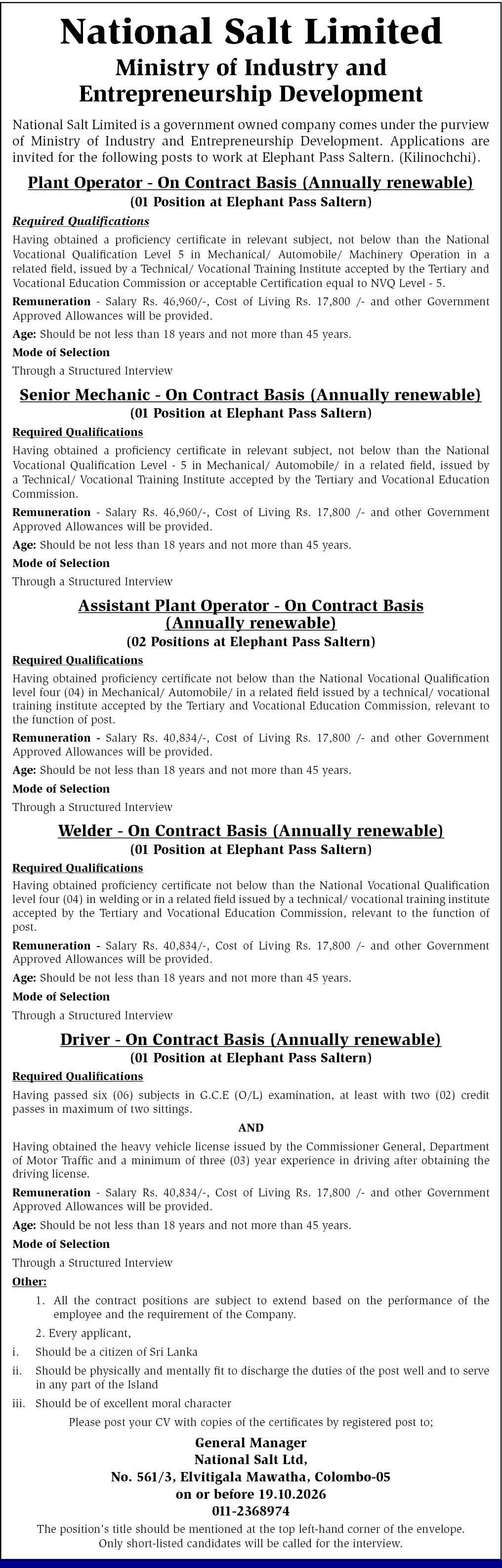 Plant Operator, Senior Mechanic, Driver - National Salt Limited