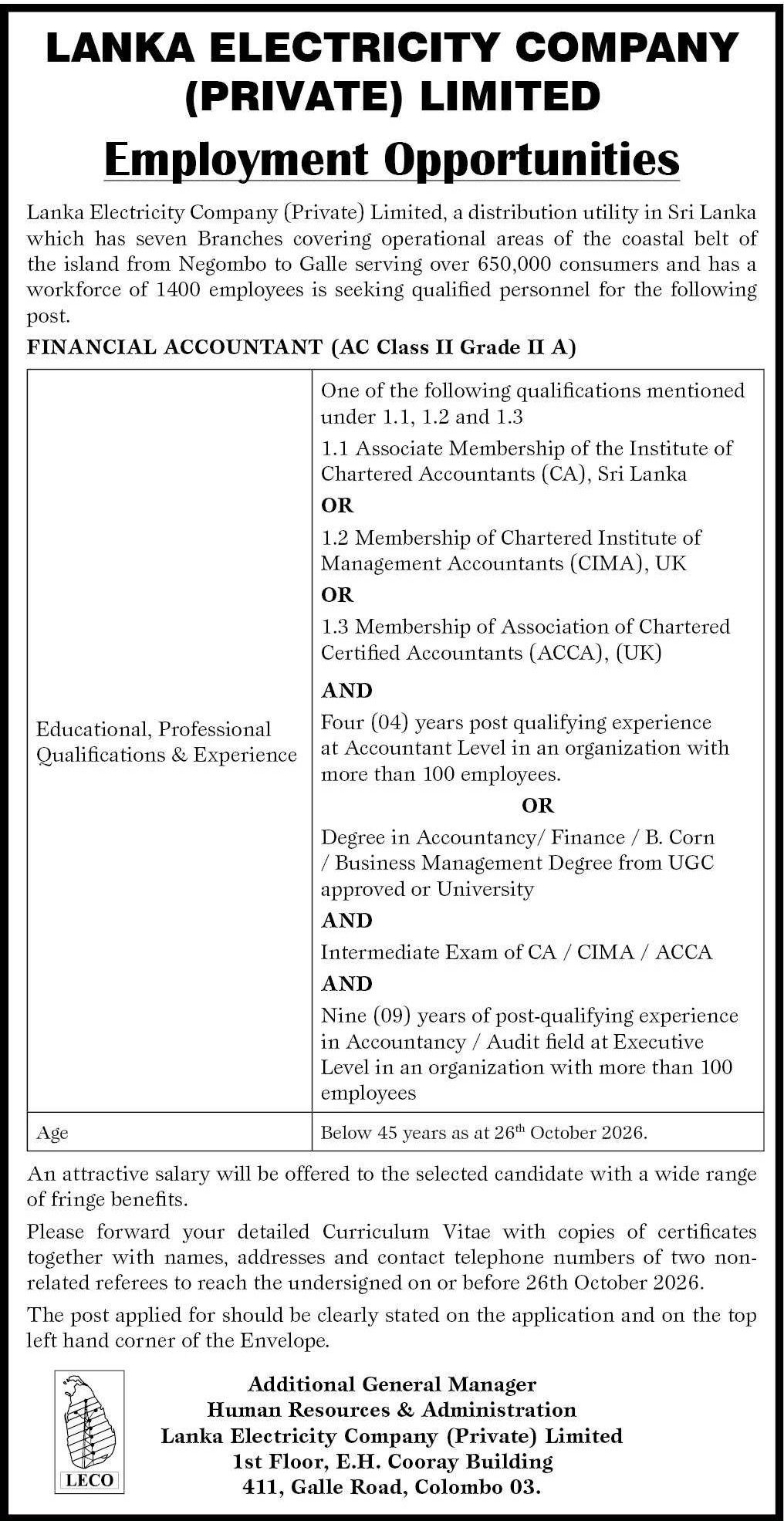 Financial Accountant - Lanka Electricity Company (Private) Limited