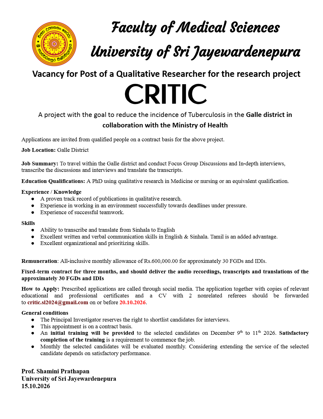 Qualitative Researcher - University of Sri Jayewardenepura