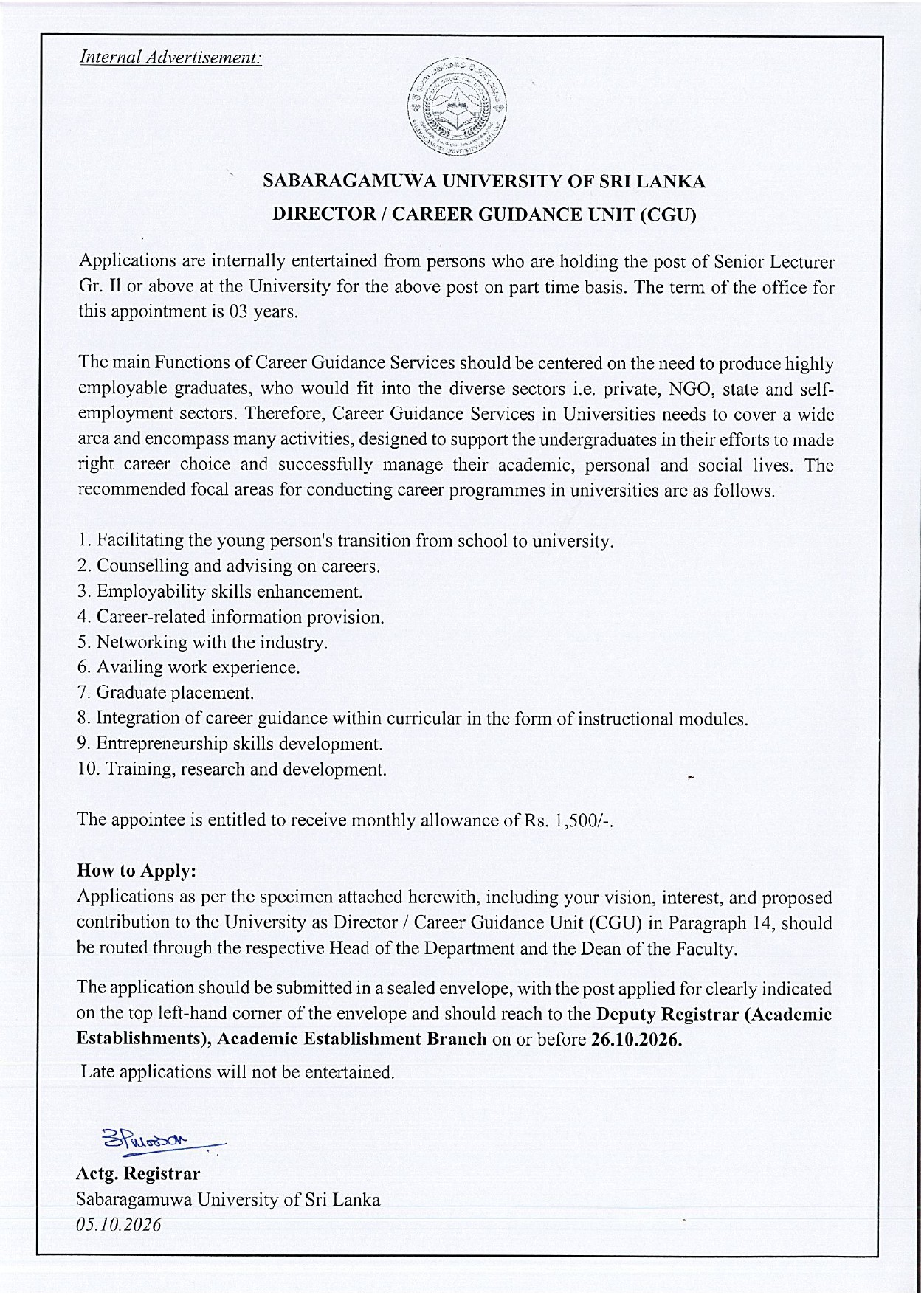 Director - Sabaragamuwa University of Sri Lanka