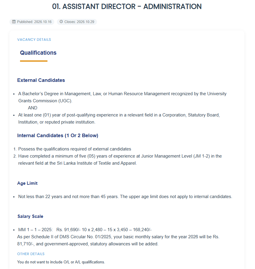 Assistant Director - Sri Lanka Institute of Textile & Apparel