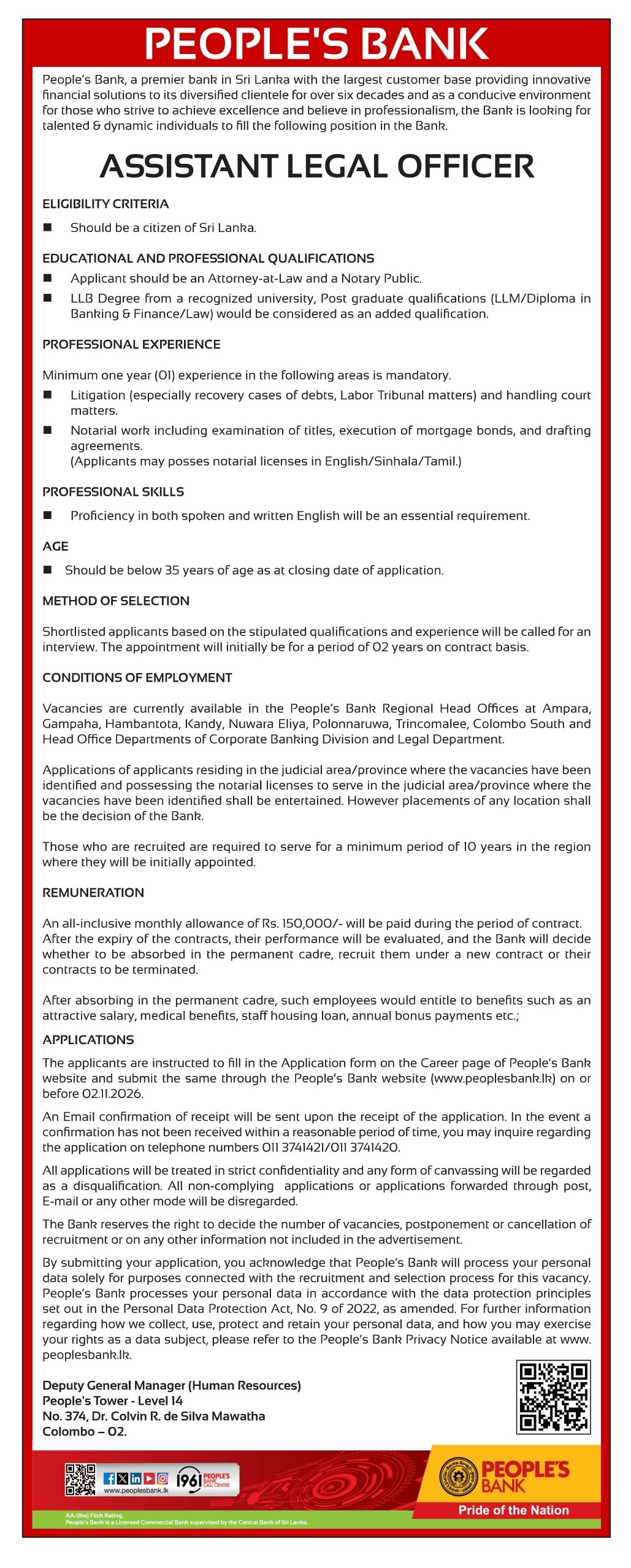 Assistant Legal Officer - People's Bank