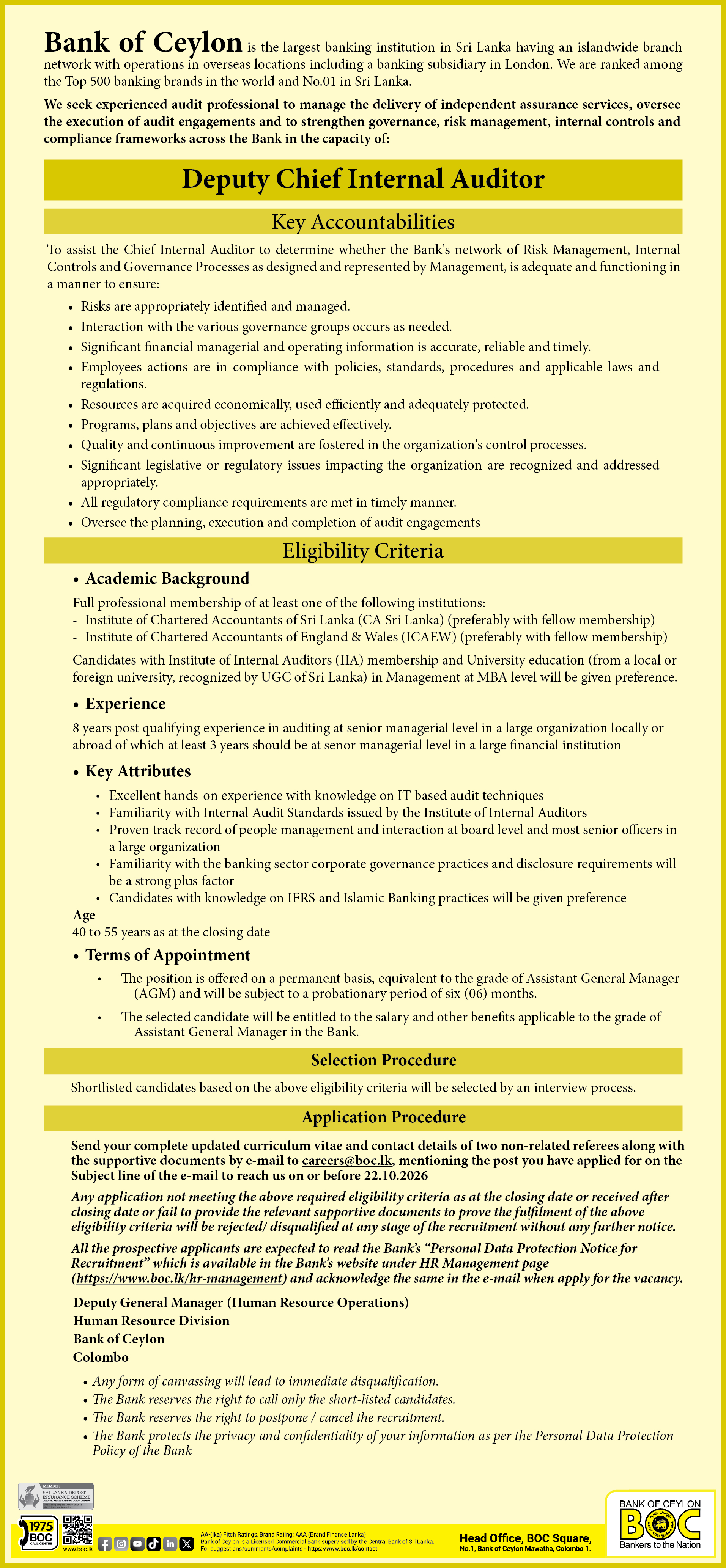 Deputy Chief Internal Auditor - Bank of Ceylon