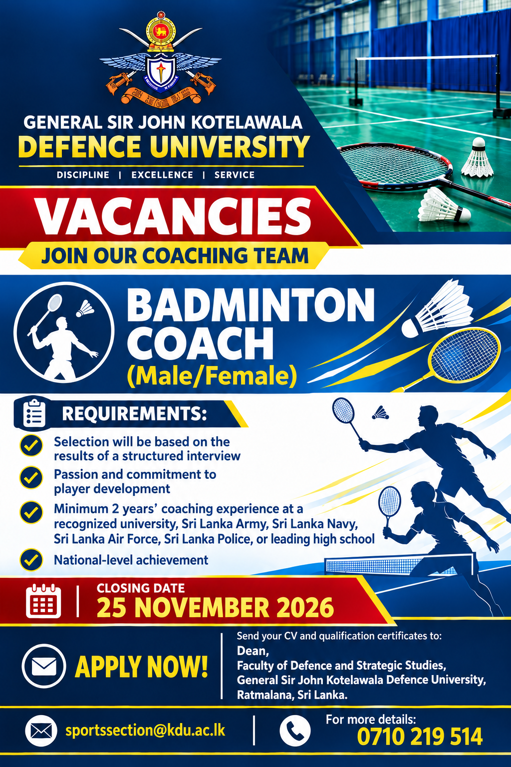 Badminton Coach - General Sir John Kotelawala Defence University