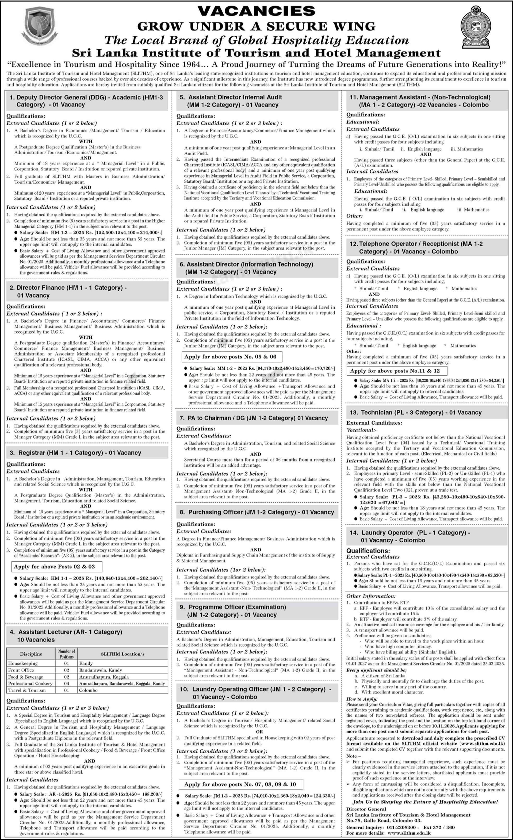 Management Assistant, Deputy Director General, Registrar - Sri Lanka Institute of Tourism & Hotel Management
