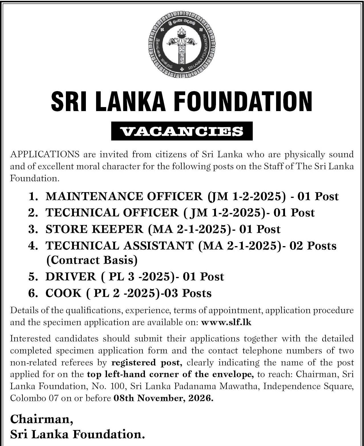 Maintenance Officer, Technical Officer, Driver - Sri Lanka Foundation
