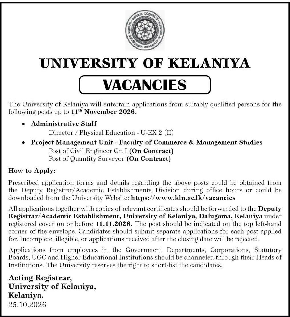 Director, Civil Engineer, Quantity Surveyor - University of Kelaniya