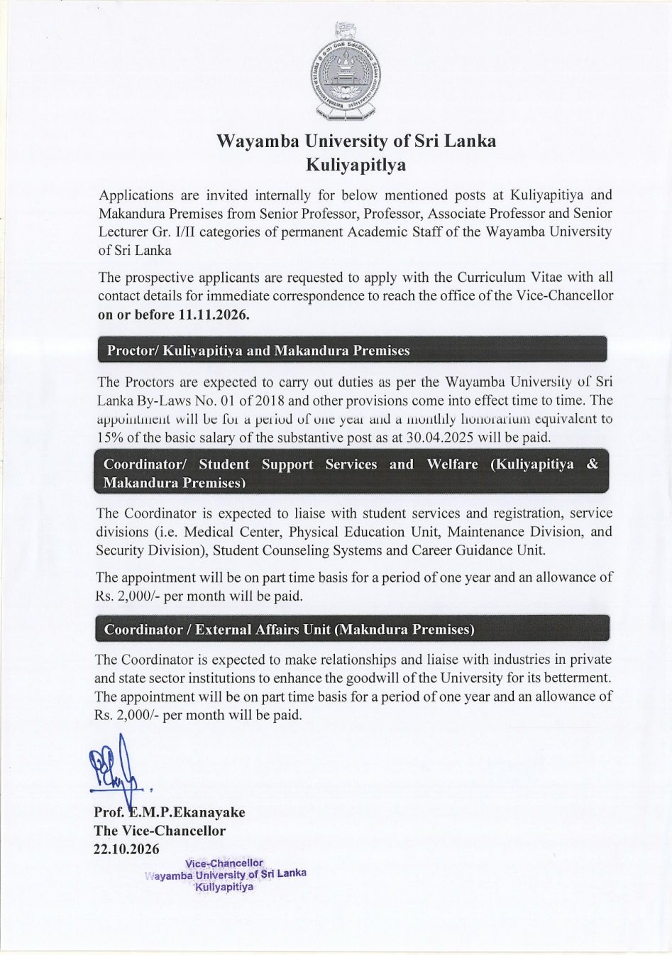 Proctor, Coordinator - Wayamba University of Sri Lanka