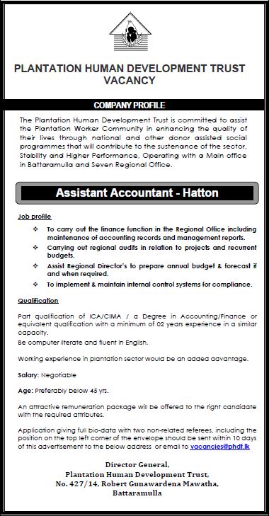 Assistant Accountant - Plantation Human Development Trust