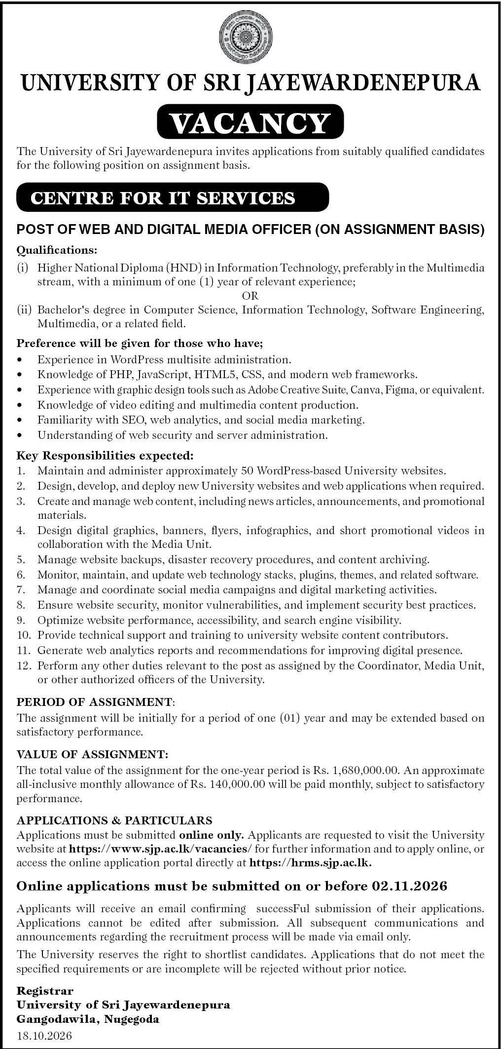 Web and Digital Media Officer - University of Sri Jayewardenepura